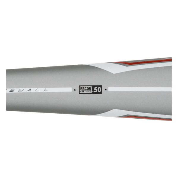 Close-up of a silver baseball bat with white and red stripes, and a BBCOR CERTIFIED .50 label.