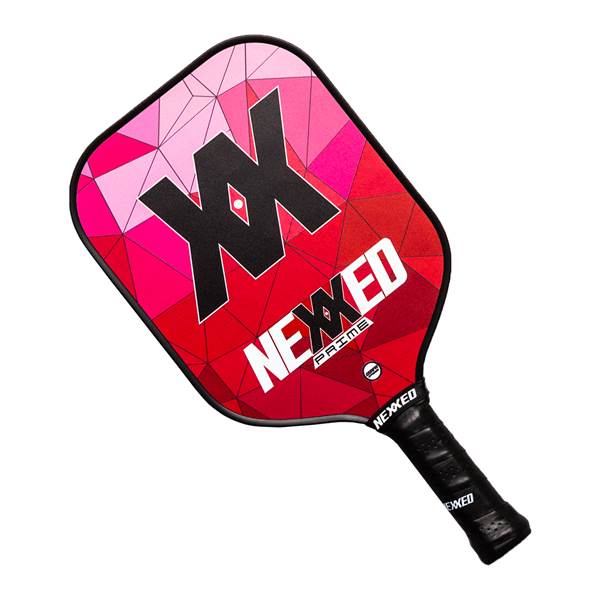 Top-down view of a red pickleball paddle with a geometric pattern, black XX logo, and NEXXED PRIME text.