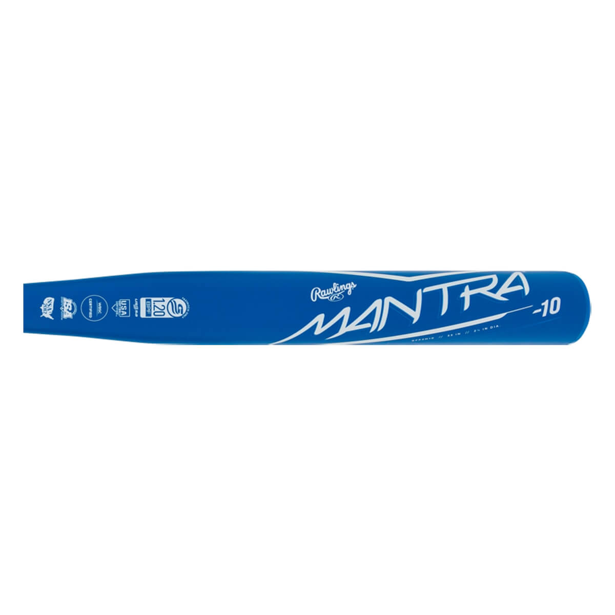 Side view of a blue Rawlings Mantra 2.0 fastpitch softball bat with white lettering and certification logos.