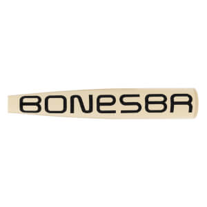 Close-up side view of a cream baseball bat with BONESABER printed in black and a smooth finish.