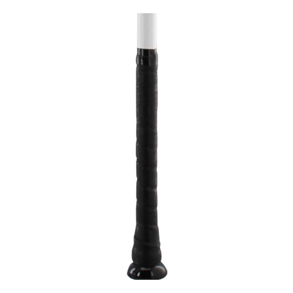 Close-up of a black baseball bat grip with a white end cap.
