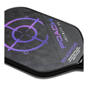Corner view of a black pickleball paddle with a purple target design and POACH INFINITY EX text.