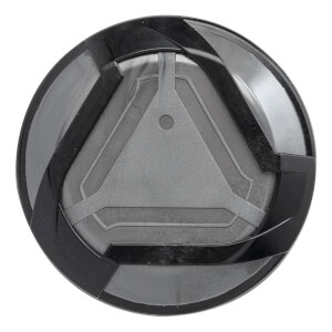 Top-down view of a black and gray baseball bat end cap with a triangular design.
