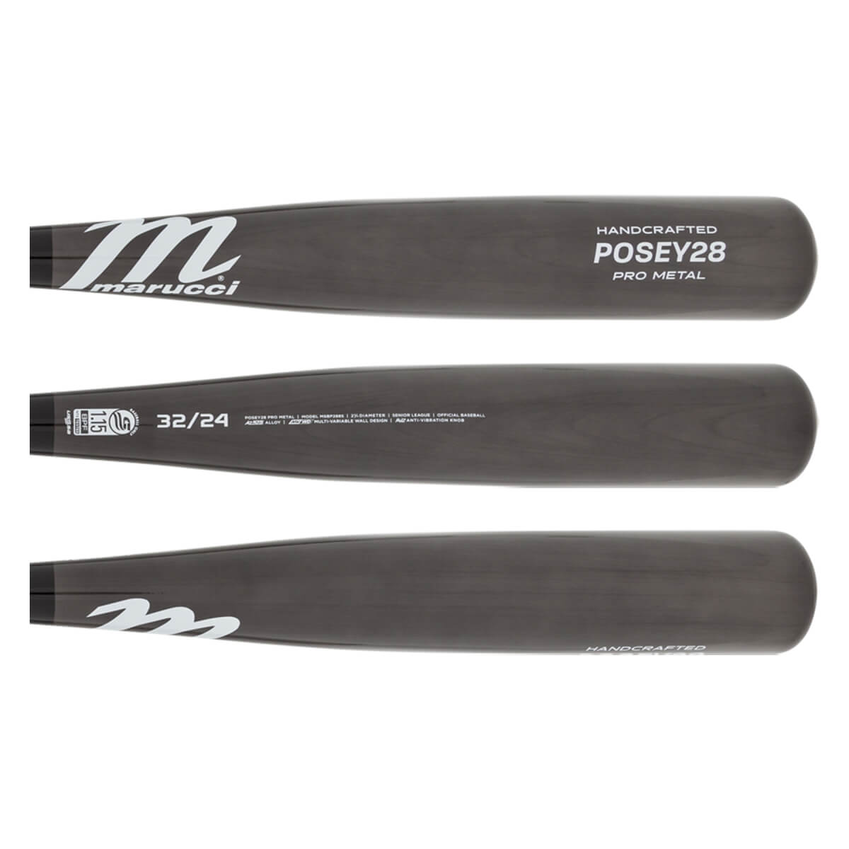 Top-down view of a gray Marucci baseball bat with POSEY28 PRO METAL and 32/24 markings.