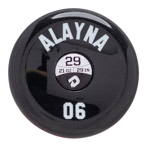 End cap view of a black baseball bat with ALAYNA, 29, 21 OZ, 29 IN, and 06 printed in white.