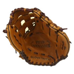 Top-down view of a tan baseball glove with FIELD COMMANDER and GLOVESMITH branding.