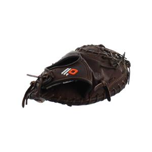 Side view of a brown catchers mitt with white and orange branding on the palm.