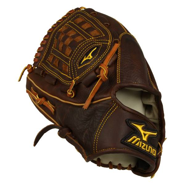 Side view of a brown baseball glove with yellow stitching and a Mizuno logo.