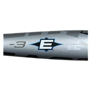 Side view of a gray baseball bat with a black E logo, -3 marking, and BBCOR CERTIFIED .50 text.