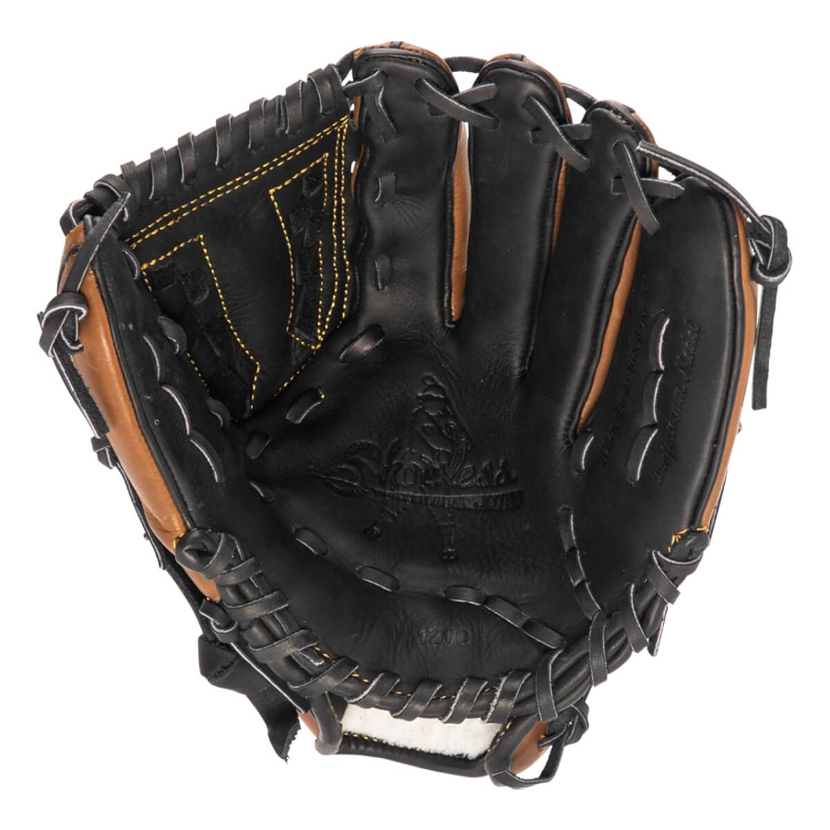 Top-down view of a black and tan baseball glove with Shoeless logo and yellow stitching.