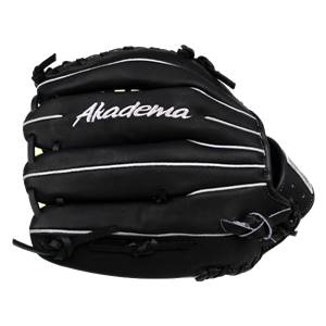 Top-down view of a black baseball glove with white stitching and Akadema logo.