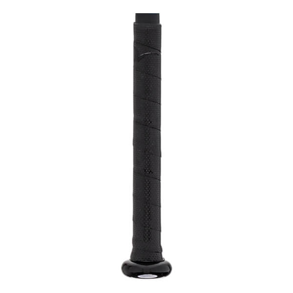 Close-up of a black baseball bat grip with a textured pattern and a glossy black knob.