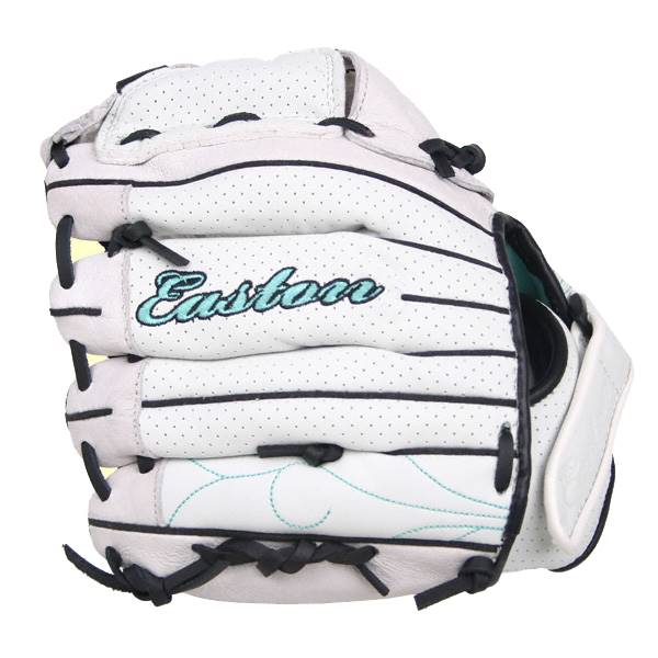 Front view of a white fastpitch glove with teal Easton embroidery and decorative stitching.