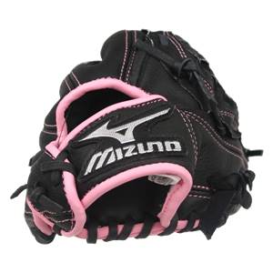 Front view of a black fastpitch mitt with pink trim and white Mizuno logo.