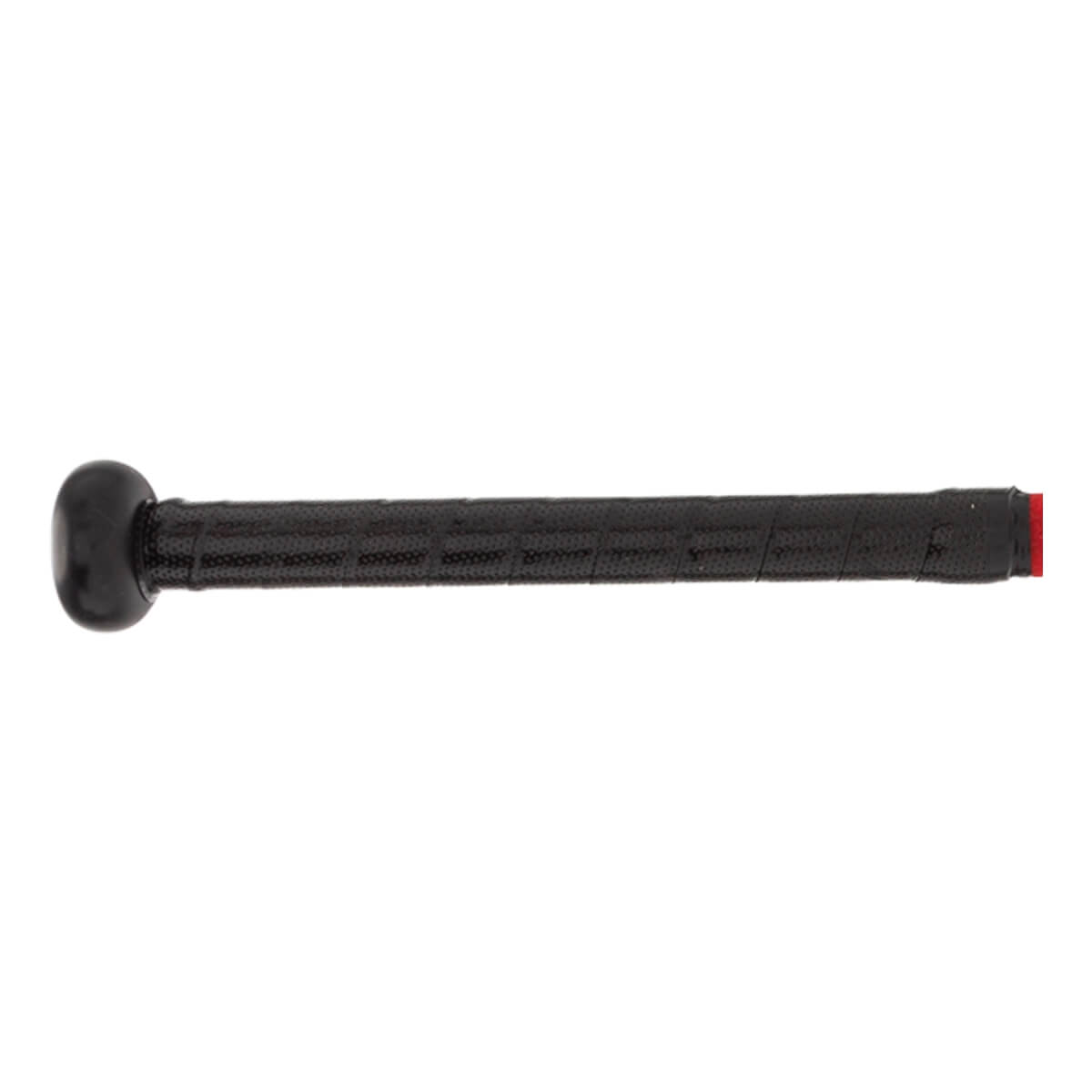 Side view of a black fastpitch softball bat with a textured grip and red end cap.