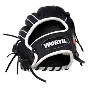 Front view of a black baseball glove with white stitching and the WORTH logo.