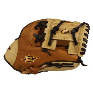 Top-down view of a brown and tan baseball glove with black lacing and embroidered E logos.
