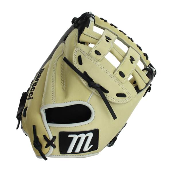 Top-down view of a tan catchers mitt with black lacing and an m logo.