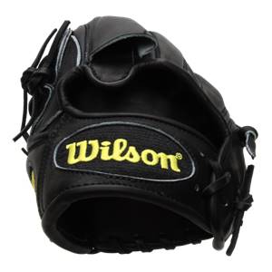 Back view of a black baseball glove with yellow Wilson branding and black lacing.