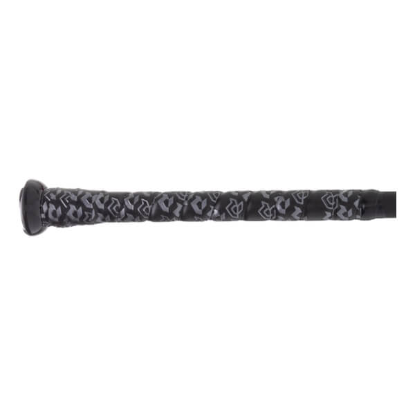 Side view of a black baseball bat with a patterned grip and black end cap.