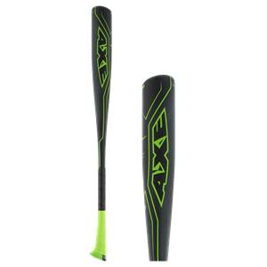Side view of a black baseball bat with green AXE branding and a lime green grip.