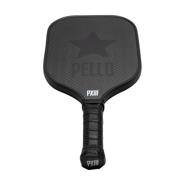 Front view of a black pickleball paddle with a carbon fiber surface, a star logo, and PELLO PXIII text.
