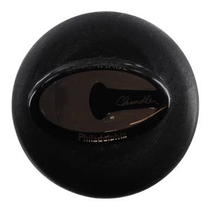 Top-down view of a black baseball bat end cap with a metallic C logo, Chandler, and Philadelphia text.