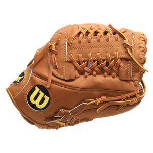 Side view of a brown baseball glove with a black and yellow Wilson logo and intricate lacing.