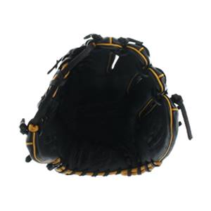 Top-down view of a black baseball glove with yellow stitching and a deep pocket.
