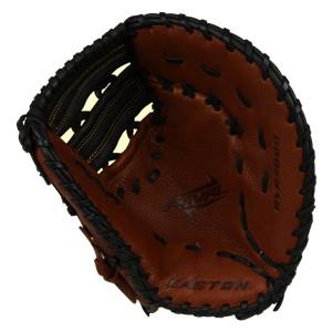Top-down view of a brown Easton Rival Series first base mitt with black lacing and RIVAL and EASTON branding.