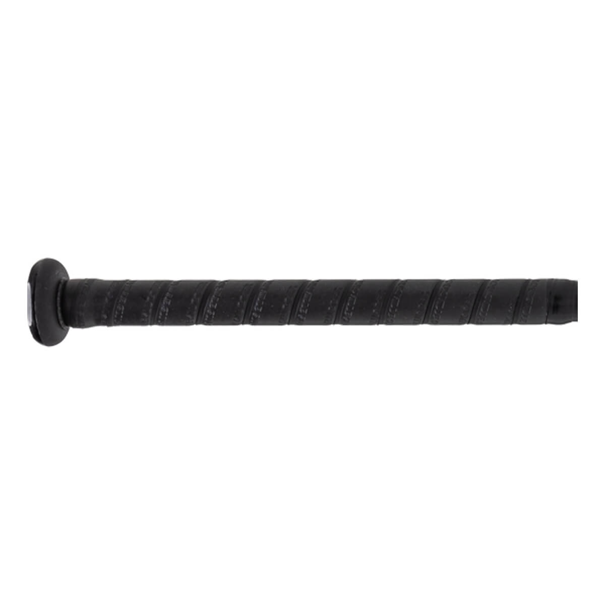 Close-up side view of a black baseball bat handle with a black knob and textured spiral-wrapped grip.