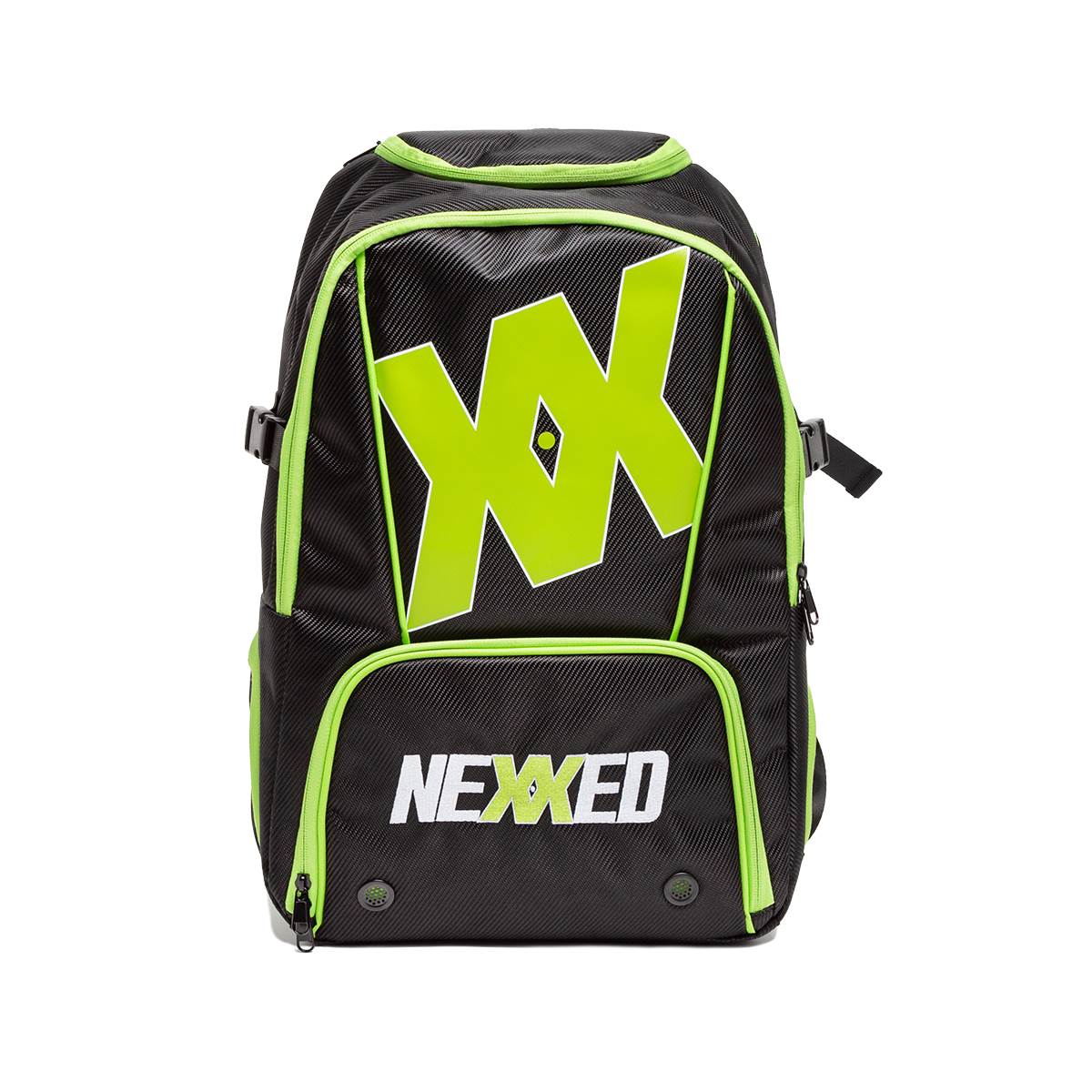 Front view of a black backpack with lime green accents, a large lime green XX logo, and NEXXED text.