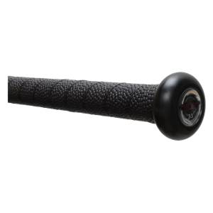 Side view of a black softball bat with a textured grip and a circular end cap showing 33.