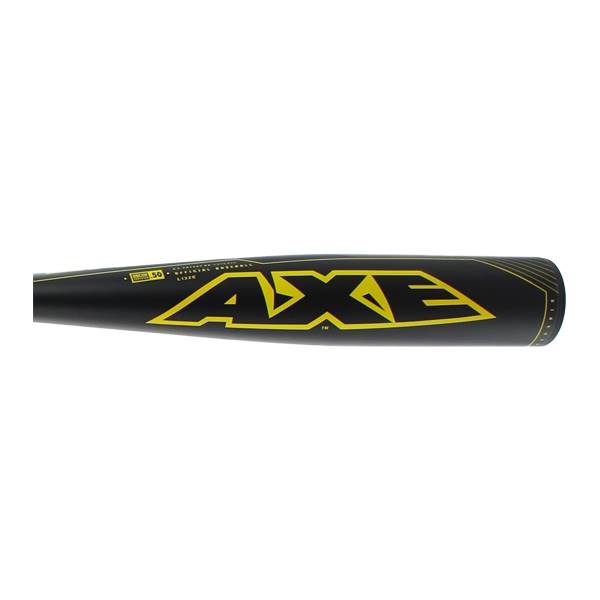 Side view of a black AXE baseball bat with yellow branding and a 50 rating.