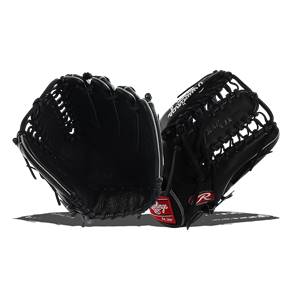 Front view of black Rawlings baseball gloves with RAPTURE and R logo visible.