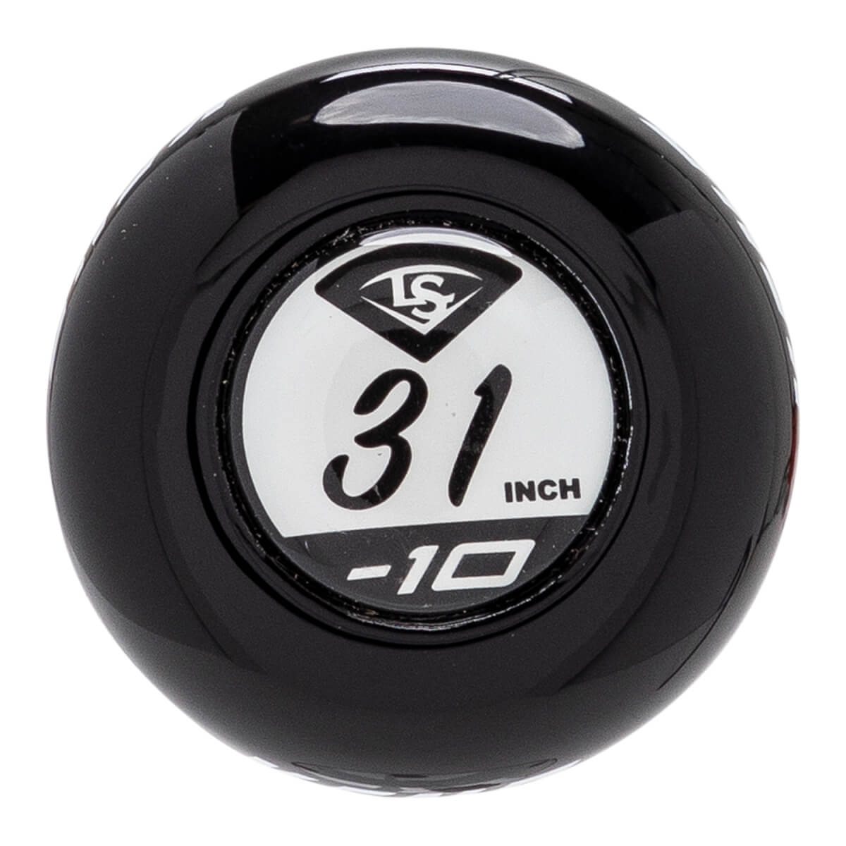 Close-up of a black softball bat end cap with a white circular insert showing LS logo, 31 INCH, and -10.