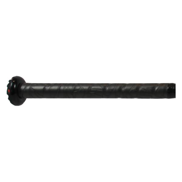 Side view of a black fastpitch softball bat with a textured grip and red end cap.