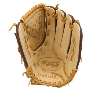 Front view of a tan Louisville Slugger Valkyrie fastpitch glove with brown accents and TPS branding.