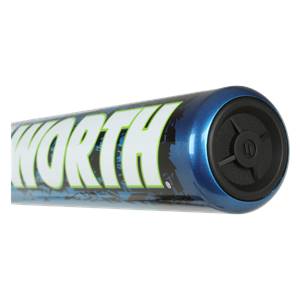 Side view of a blue softball bat with white WORTH text and a black end cap.
