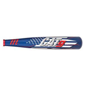Side view of a blue baseball bat with American flag design and CAT9 branding.