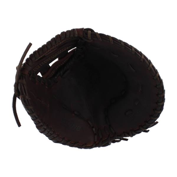Top-down view of a dark brown baseball glove with a deep pocket and stitched lacing.