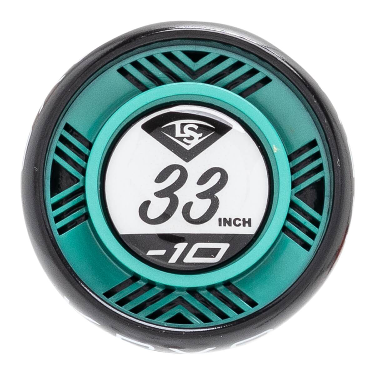 Top-down view of the bat knob featuring a teal and black geometric pattern surrounding a white center marked with the LS logo, 33 INCH, and -10.