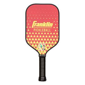 Front view of a red pickleball paddle with yellow triangles, Franklin Pickleball text, and two portraits.