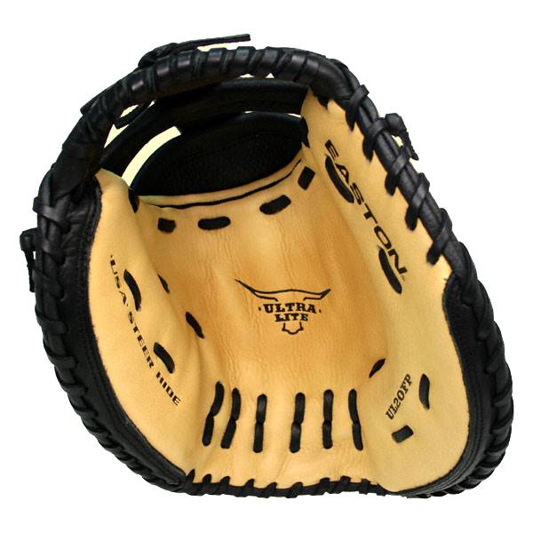 Inside view of a black and tan fastpitch catchers mitt with EASTON, ULTRA LITE, USA STEER HIDE, and UL20FP text.