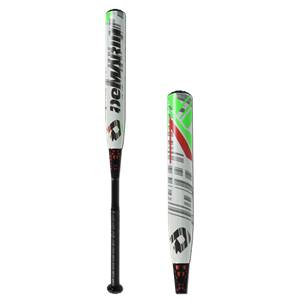 Side view of a white DeMarini CF7 Fastpitch Softball Bat with green and red accents and barcode pattern.
