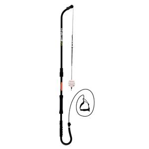 Side view of a black Batter-Ox baseball swing trainer with a baseball and handle attachment.