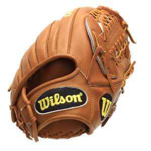 Side view of a tan baseball glove with a black Wilson logo patch and a yellow W logo.