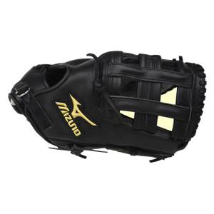 Side view of a black baseball glove with a gold Mizuno logo and a webbed pocket.
