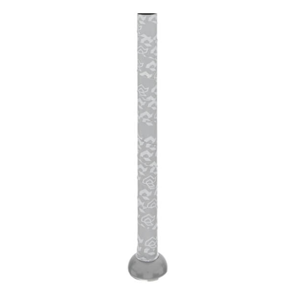 Side view of a gray slow pitch softball bat with a patterned grip and silver knob.
