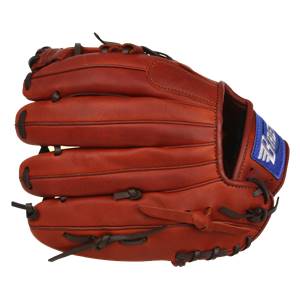 Top-down view of a brown baseball glove with a blue patch and white BRETT BROS. text.